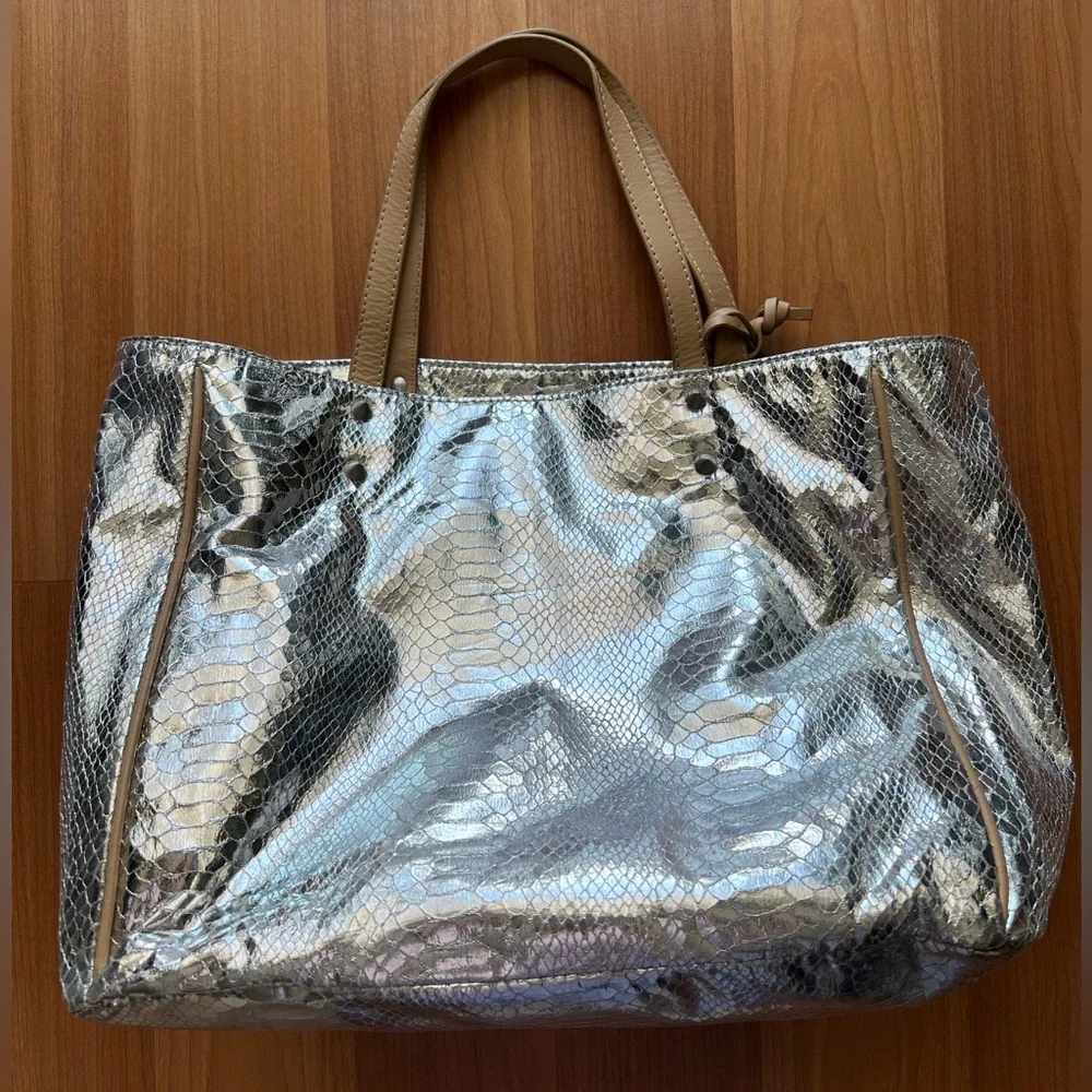 Sam Edelman Metallic Snake Print Tote Bag Silver Large Shoulder Bag - Picture 3 of 16
